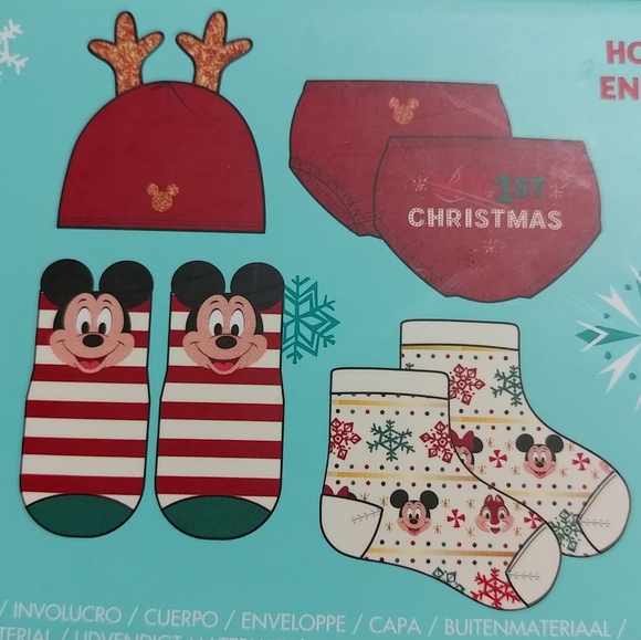 Mickey Mouse & Friends My 1st Christmas Beanie Set 6-12M Baby Hat Socks Diaper - Picture 5 of 11